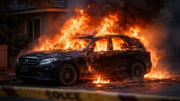 Mobil terbakar akibat teror molotov di Demang Palembang