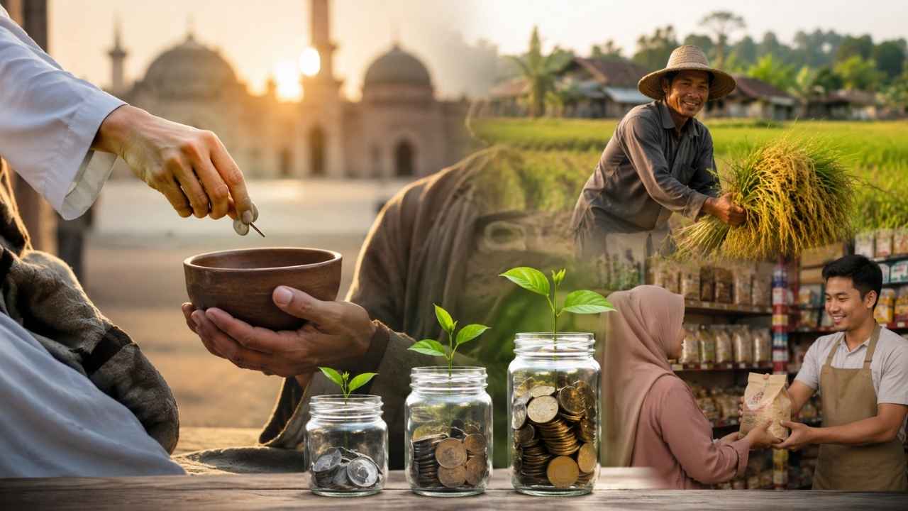 Ilustrasi penyaluran zakat dan pengelolaan wakaf produktif sebagai penggerak ekonomi Islam di Indonesia.